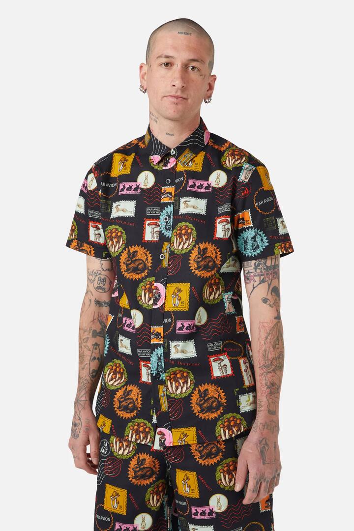 Image of a model wearing Tops. Productname: Old Postal SS Shirt in Multi colour by brand - Dangerfield
