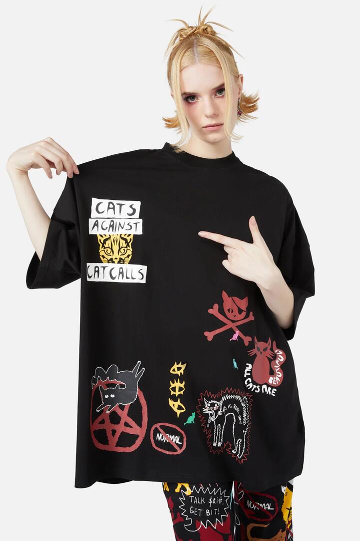 Image of a model wearing Tops. Productname: Kitty Riot Os Tee in Black colour by brand - Black Friday