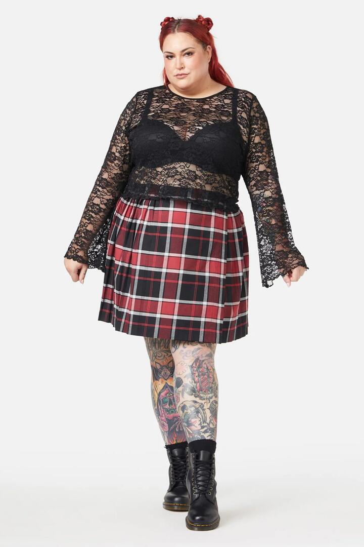 Image of a model wearing Tops. Productname: Curve Lace Flare Sleeve Top in Black colour by brand - Black Friday