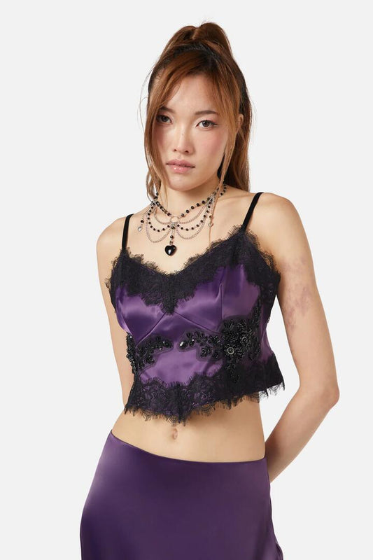 Image of a model wearing Tops. Productname: Keepsake Satin Bodice in Purple colour by brand - Dangerfield