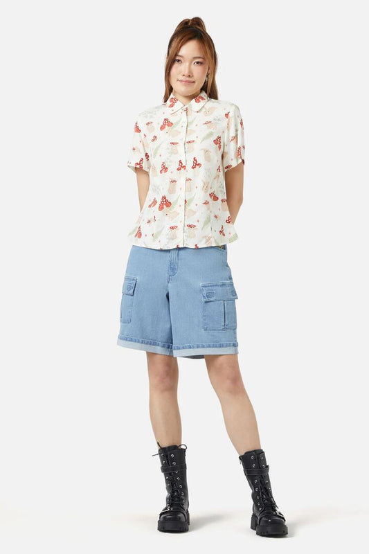 Image of a model wearing Tops. Productname: Harmony Printed Blouse in Cream colour by brand - Dangerfield