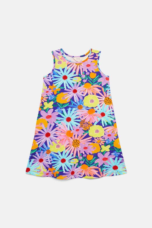 Image of a model wearing Dress. Productname: Botanica Kids Jersey Dress in Blue colour by brand - Princess Highway Kids