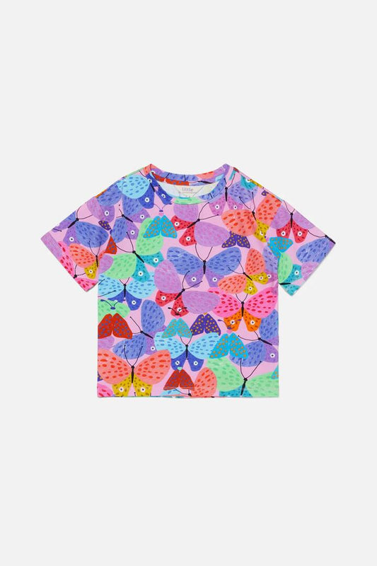 Image of a model wearing Tops. Productname: Butterfly Kids SS Tee in Pink colour by brand - Princess Highway Kids
