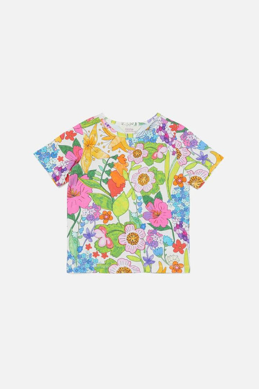 Image of a model wearing Tops. Productname: Cottage Kids Floral SS Tee in Cream colour by brand - Princess Highway Kids