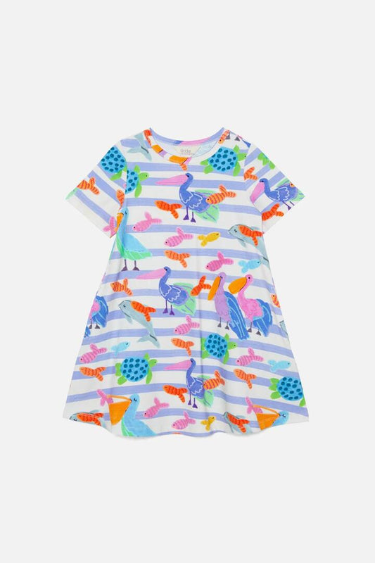 Image of a model wearing Dress. Productname: Pelican Kids SS Dress in Stripe colour by brand - Princess Highway Kids