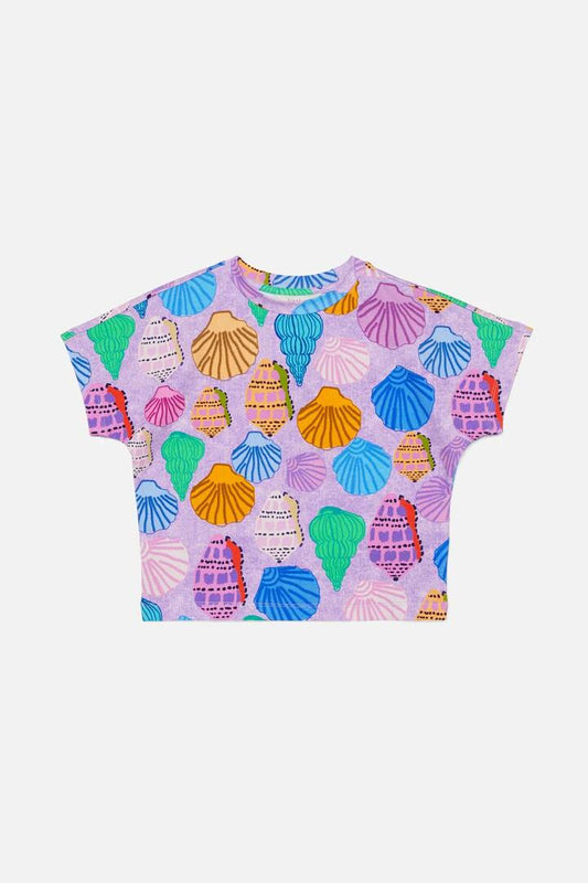 Image of a model wearing Tops. Productname: Shells Kids Tee in Lilac colour by brand - Princess Highway Kids