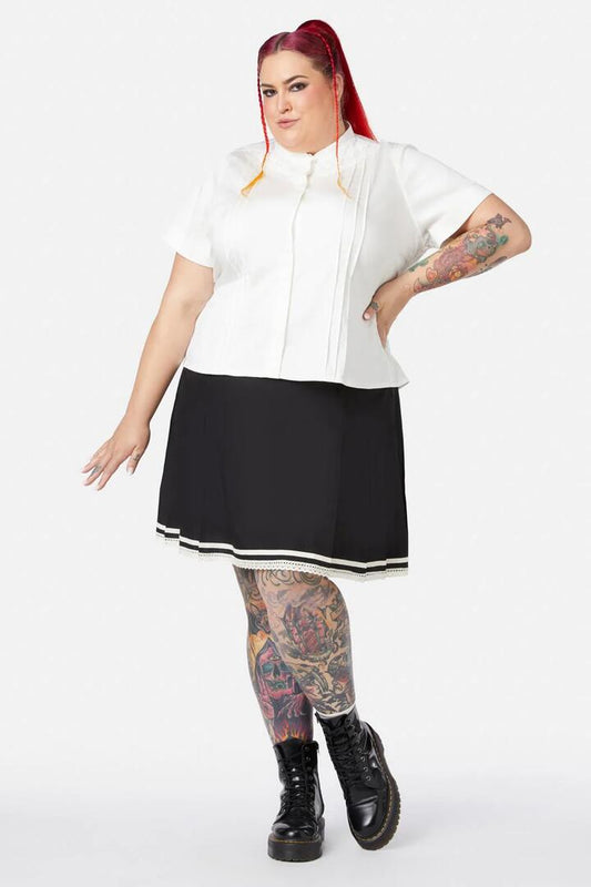 Image of a model wearing Tops. Productname: Curve Sunset Lace Trim Blouse in Cream colour by brand - Black Friday