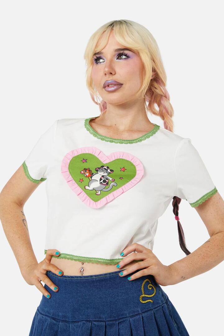 Image of a model wearing Tops. Productname: Ranch Crop Tee in Cream colour by brand - Dangerfield