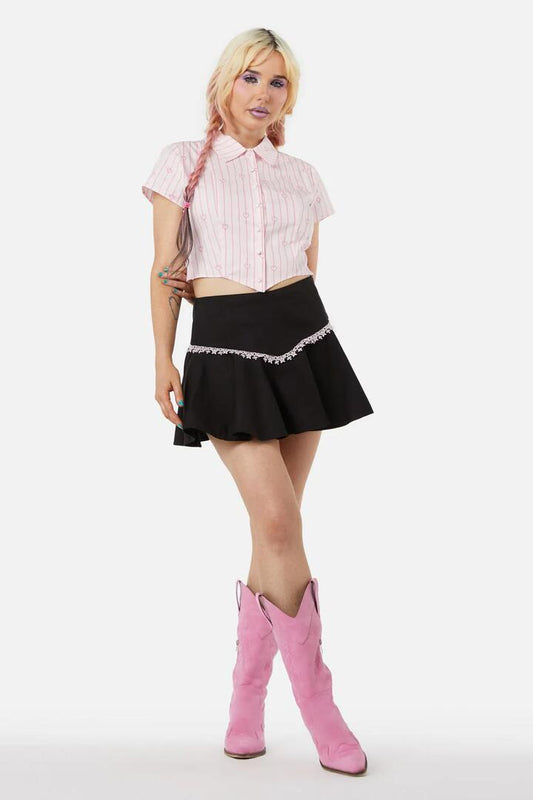 Image of a model wearing Skirts. Productname: Spaghettea Lace Skort in Black/Pink colour by brand - Dangerfield