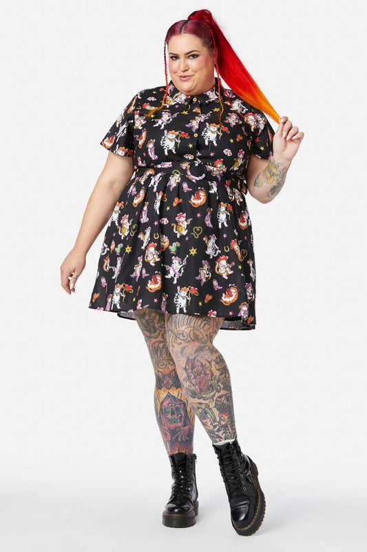 Image of a model wearing Dress. Productname: Curve Meowdy Dress in Black colour by brand - Dangerfield