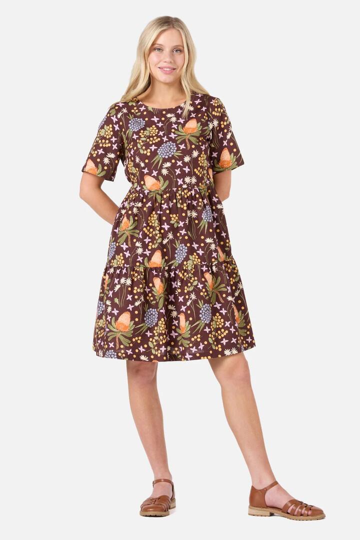 Image of a model wearing Dress. Productname: Banksia Smock Dress in Chocolate colour by brand - Princess Highway
