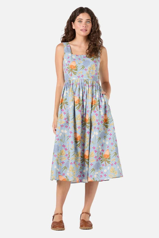 Image of a model wearing Dress. Productname: Banksia Midi Dress in Blue colour by brand - Princess Highway