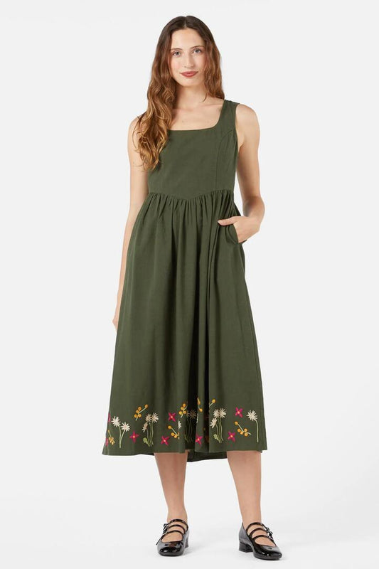 Image of a model wearing Dress. Productname: Native Embroidered Midi Dress in Green colour by brand - Princess Highway