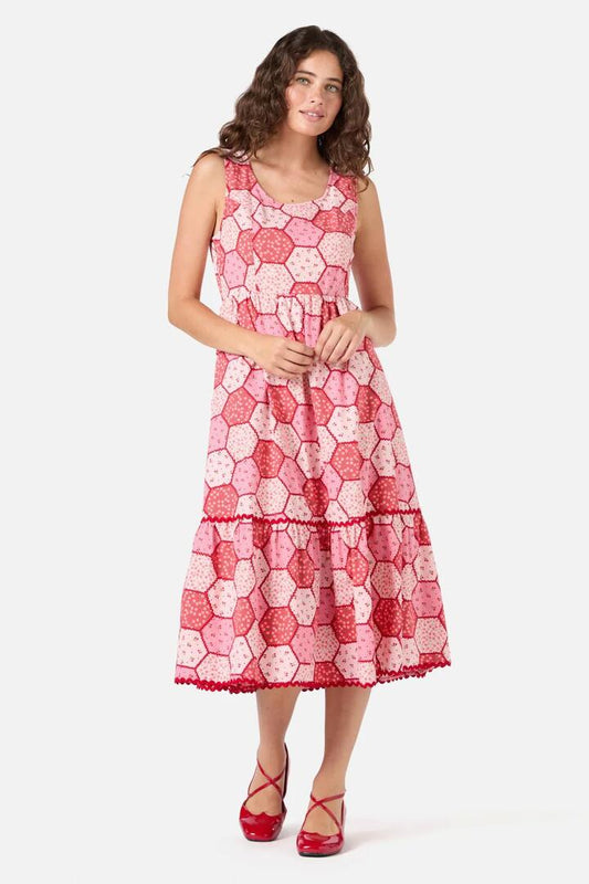 Image of a model wearing Dress. Productname: Patchwork Tiered Midi Dress in Rose colour by brand - Princess Highway