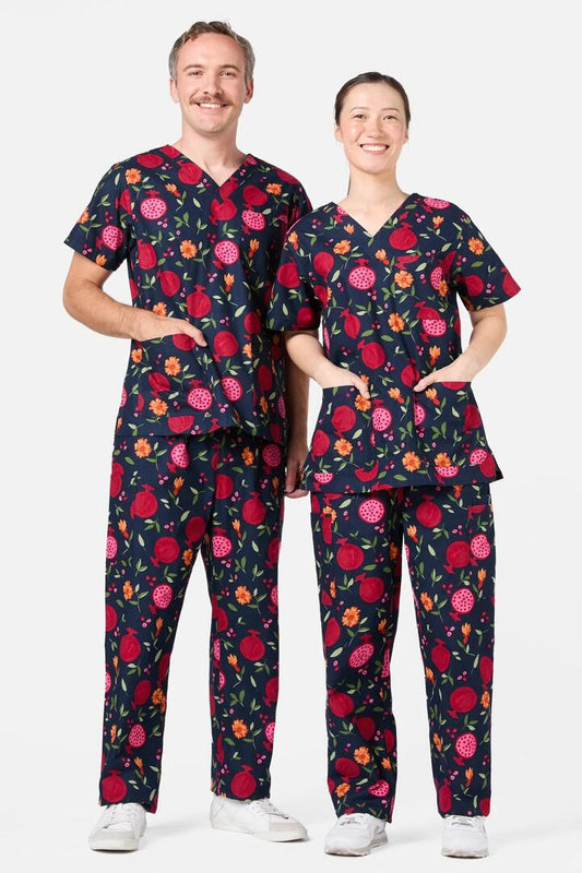 Image of a model wearing Uniforms & Workwear. Productname: Pomegranate Scrub Set in Navy colour by brand - Princess Highway
