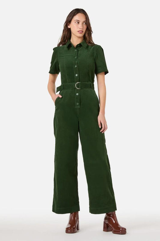 Image of a model wearing Outerwear. Productname: Demi Cord Jumpsuit in Green colour by brand - Princess Highway
