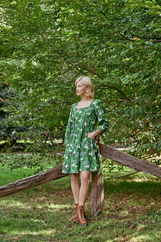 Image of a model wearing Dress. Productname: Lucy Goosey Smock Dress in Green colour by brand - Princess Highway