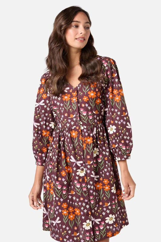 Image of a model wearing Dress. Productname: Garden Life Button Front Dress in Chocolate colour by brand - Princess Highway