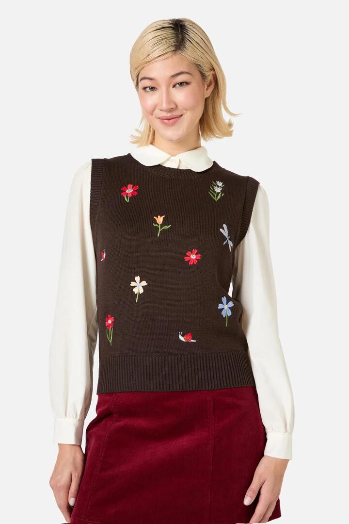 Image of a model wearing Tops. Productname: Garden Embroidered Knit Vest in Chocolate colour by brand - Princess Highway