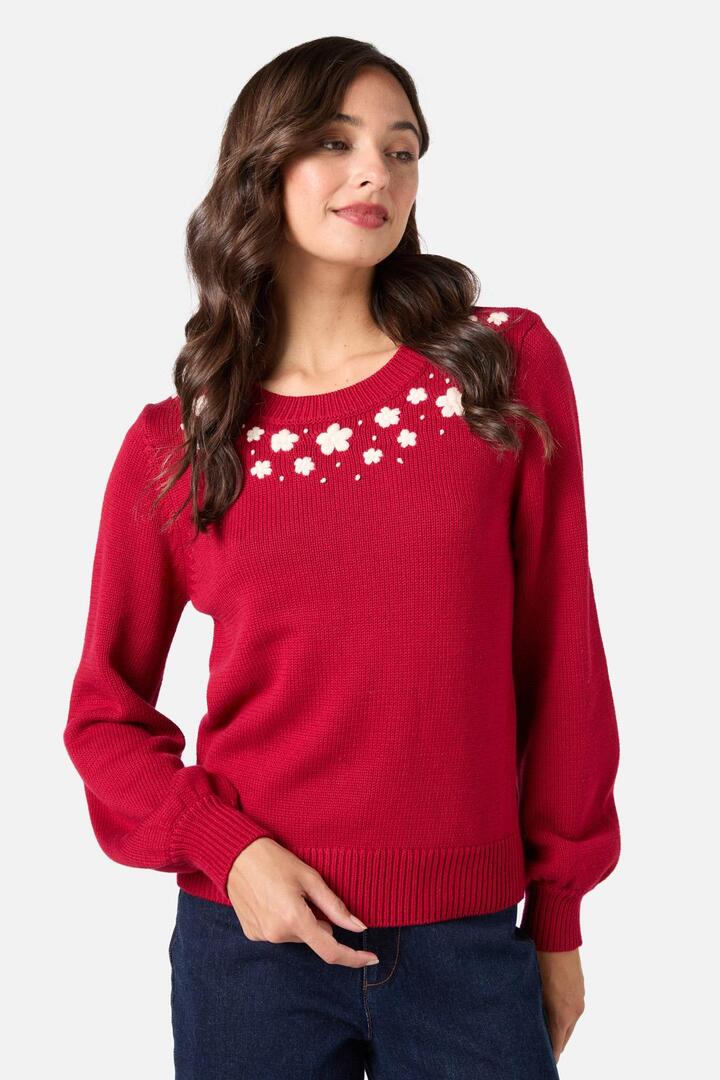 Image of a model wearing Outerwear. Productname: Meg Daisy Embroidered Jumper in Red colour by brand - Princess Highway