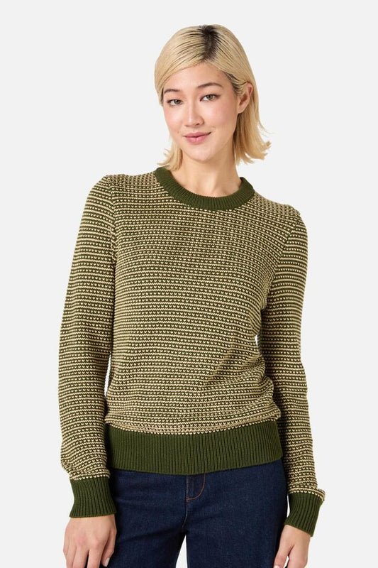 Image of a model wearing Outerwear. Productname: Riley Vintage Knit Jumper in Olive colour by brand - Princess Highway