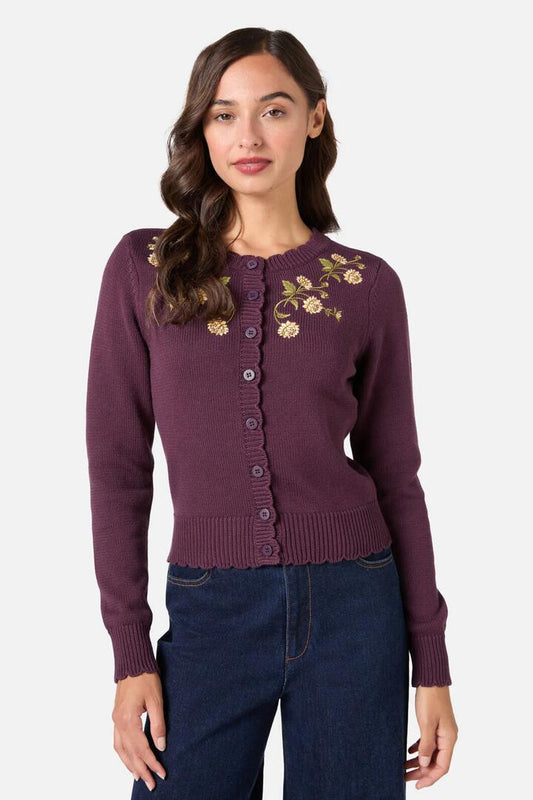 Image of a model wearing Outerwear. Productname: Esmerelda Embroidered Cardigan in Plum colour by brand - Princess Highway