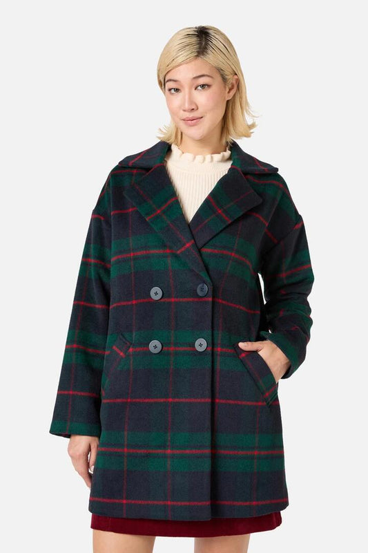 Image of a model wearing Outerwear. Productname: Harper Check Cosy Coat in Red/Green colour by brand - Princess Highway