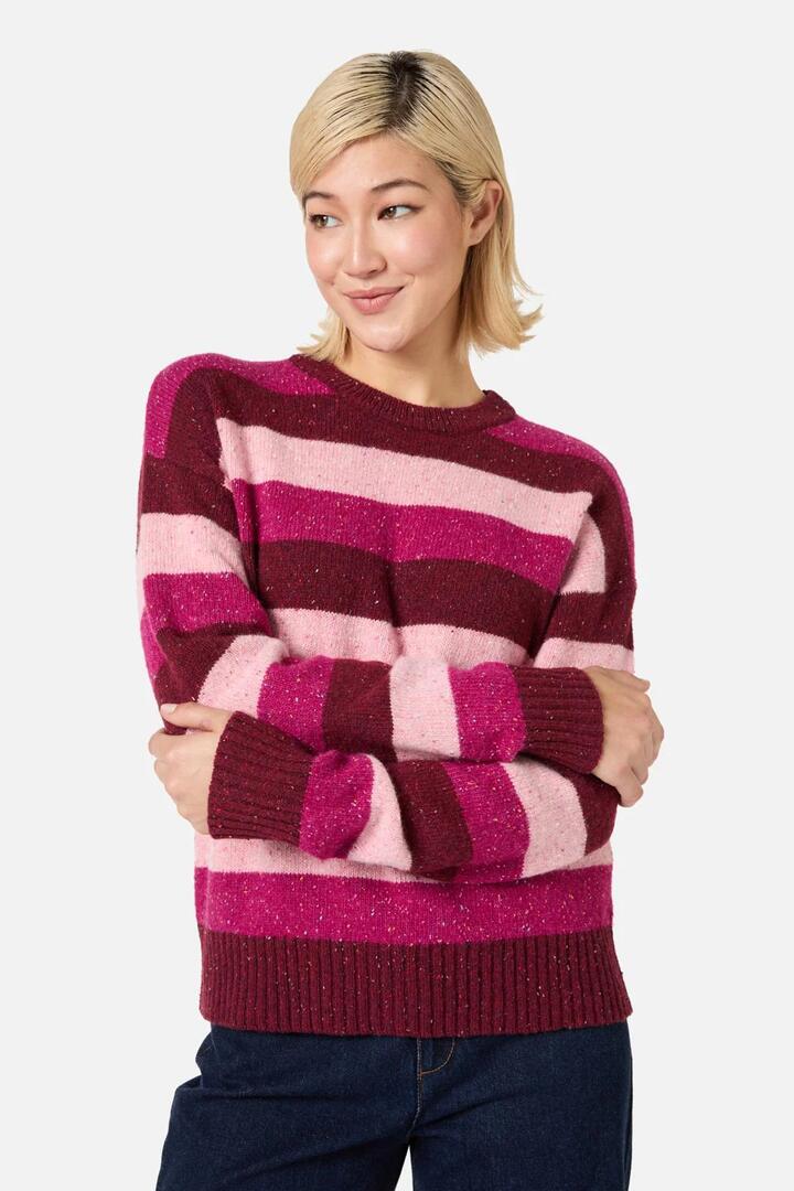 Image of a model wearing Outerwear. Productname: Aurora Stripe Knit Jumper in Berry colour by brand - Princess Highway Kids
