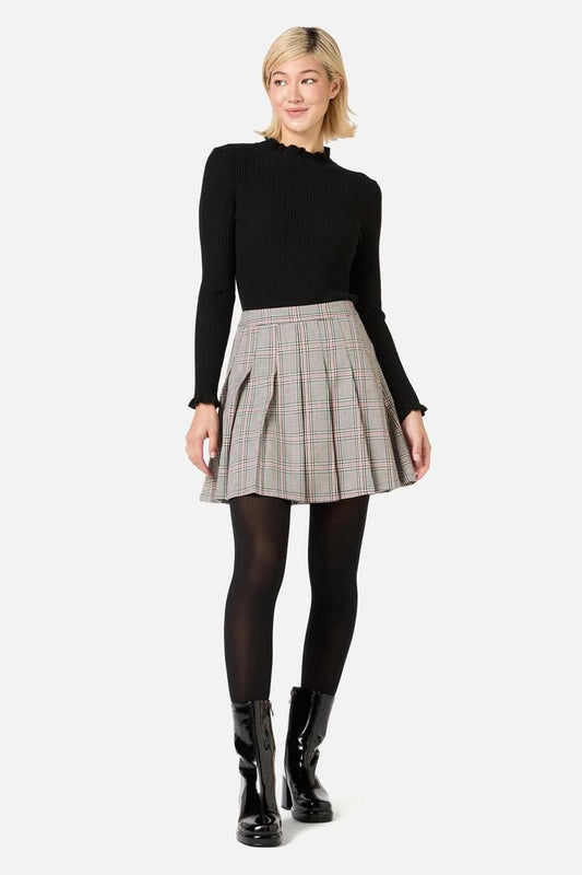 Image of a model wearing Skirts. Productname: Joe Check Pleated Mini Skirt in Black/Red colour by brand - Princess Highway
