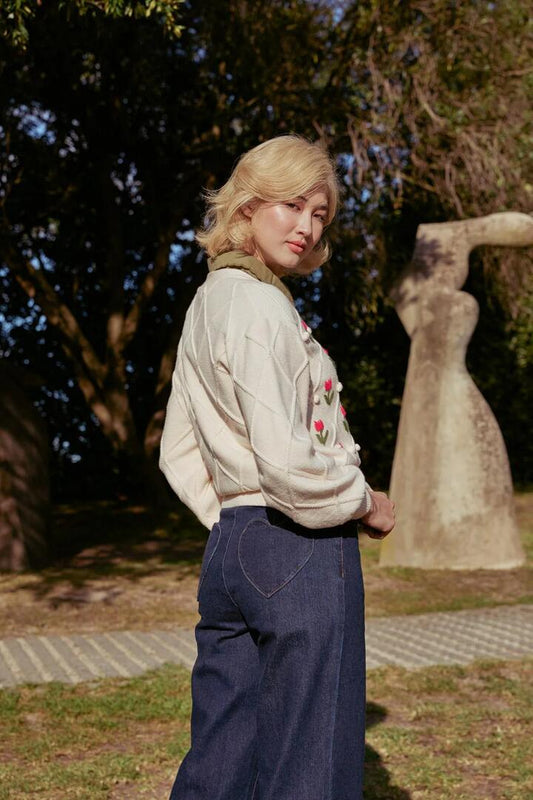 Image of a model wearing Denim. Productname: Sweet Heart Denim Jean in Dark Denim colour by brand - Princess Highway