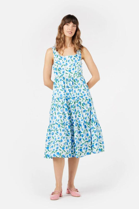 Image of a model wearing Dress. Productname: Poppy Midi Dress in Blue colour by brand - Princess Highway