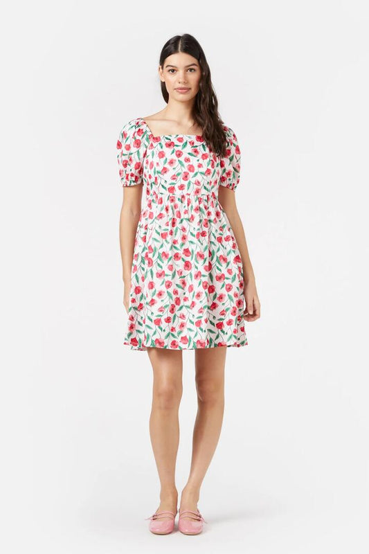 Image of a model wearing Dress. Productname: Poppy Mini Dress in Red colour by brand - Princess Highway