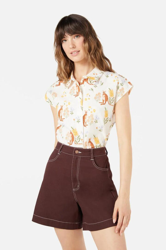 Image of a model wearing Tops. Productname: Rock Wallaby Blouse in Cream colour by brand - Princess Highway