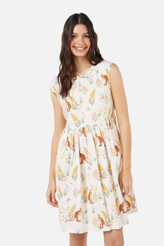 Image of a model wearing Dress. Productname: Rock Wallaby Dress in Cream colour by brand - Princess Highway