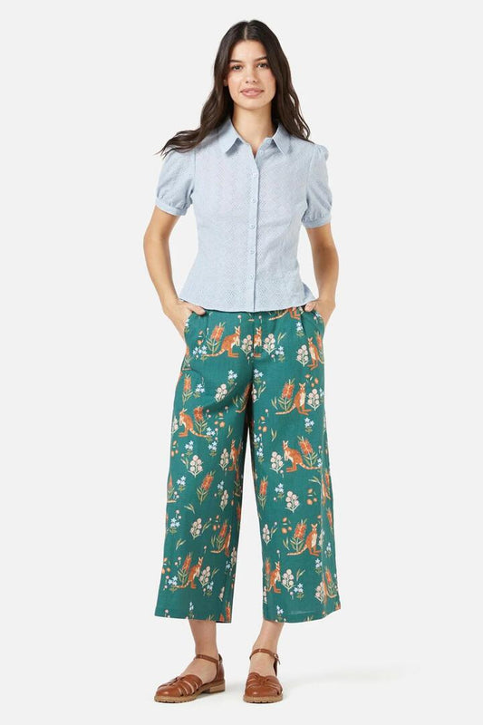 Image of a model wearing Pants. Productname: Rock Wallaby Culotte in Green colour by brand - Princess Highway