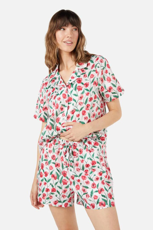 Image of a model wearing Shorts. Productname: Poppy Short PJ Set in Red colour by brand - Princess Highway