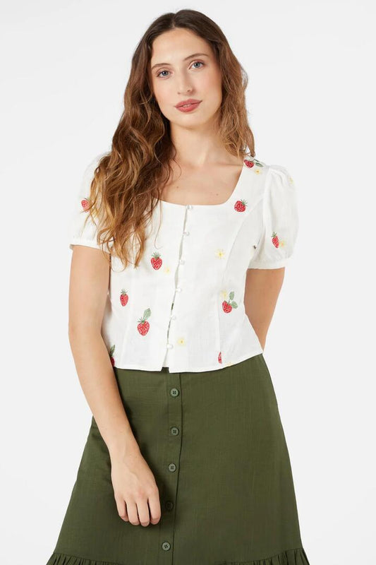 Image of a model wearing Tops. Productname: Sweet Jam Emb Top in Cream colour by brand - Princess Highway
