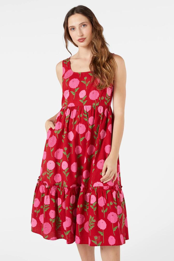 Image of a model wearing Dress. Productname: Marie Fleur Midi Dress in Red colour by brand - Princess Highway