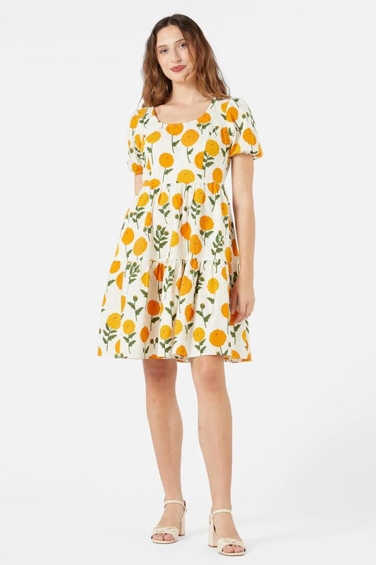Image of a model wearing Dress. Productname: Marie Fleur Mini Dress in Cream colour by brand - Princess Highway