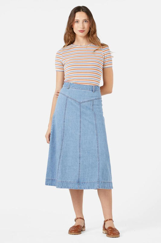 Image of a model wearing Denim. Productname: Olinda Denim Midi Skirt in Blue Denim colour by brand - Princess Highway