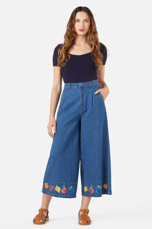 Image of a model wearing Pants. Productname: Orchard Emb Culotte in Blue Denim colour by brand - Princess Highway