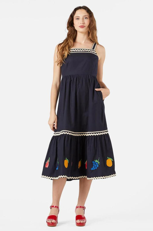 Image of a model wearing Dress. Productname: Orchard Emb Dress in Navy colour by brand - Princess Highway