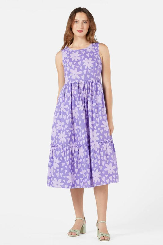 Image of a model wearing Dress. Productname: Valentina Midi Dress in Purple colour by brand - Princess Highway