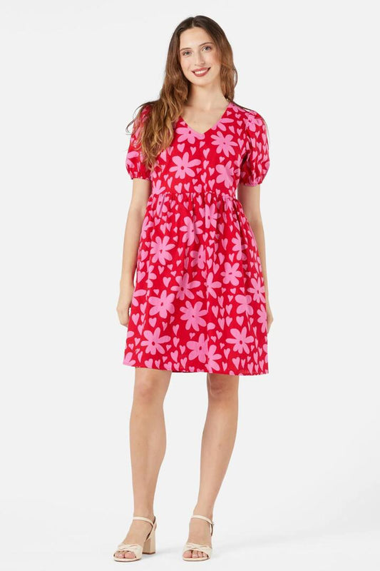 Image of a model wearing Dress. Productname: Valentina Smock Dress in Red colour by brand - Princess Highway