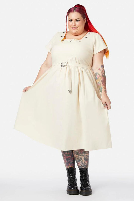 Image of a model wearing Dress. Productname: Curve Saloon Midi Dress in Cream colour by brand - Black Friday
