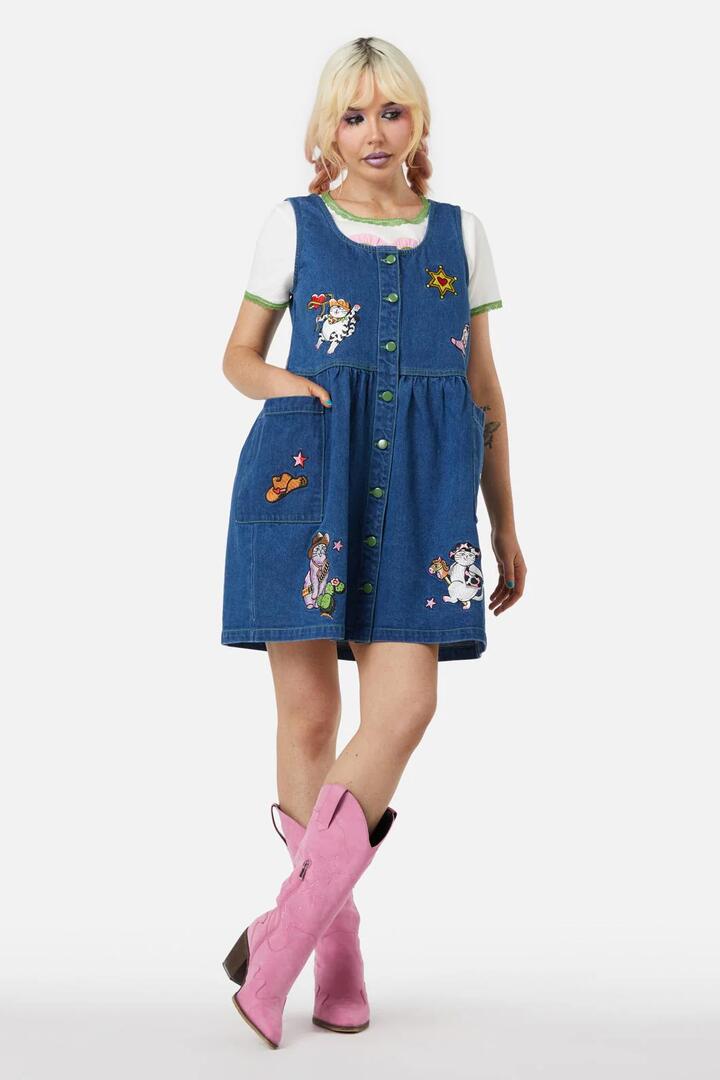 Image of a model wearing Denim. Productname: Bandit Denim Pinafore in Blue colour by brand - Dangerfield