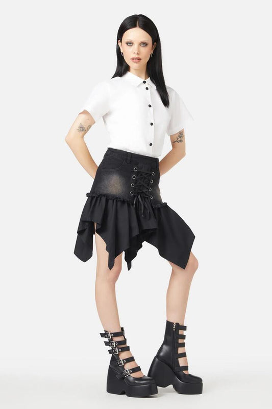 Image of a model wearing Skirts. Productname: Frosty Air Jaggered Skort in Black colour by brand - Black Friday