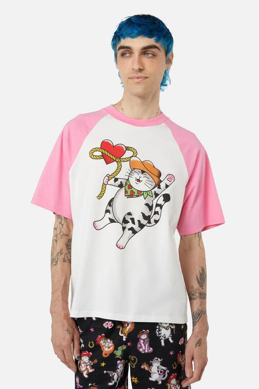 Image of a model wearing Tops. Productname: Yee-Haw Tee in Cream/Pink colour by brand - Dangerfield