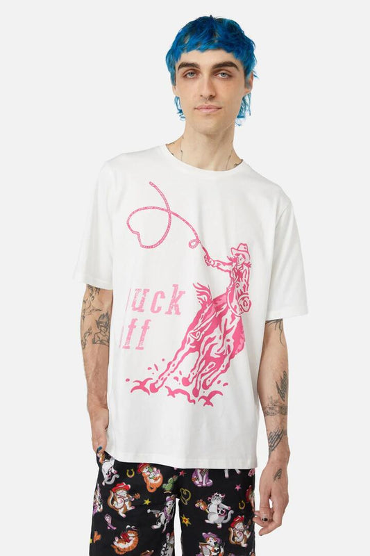 Image of a model wearing Tops. Productname: Buck Off Tee in Cream colour by brand - Dangerfield