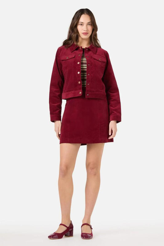 Image of a model wearing Outerwear. Productname: Charlie Girl Cord Jacket in Red colour by brand - Princess Highway